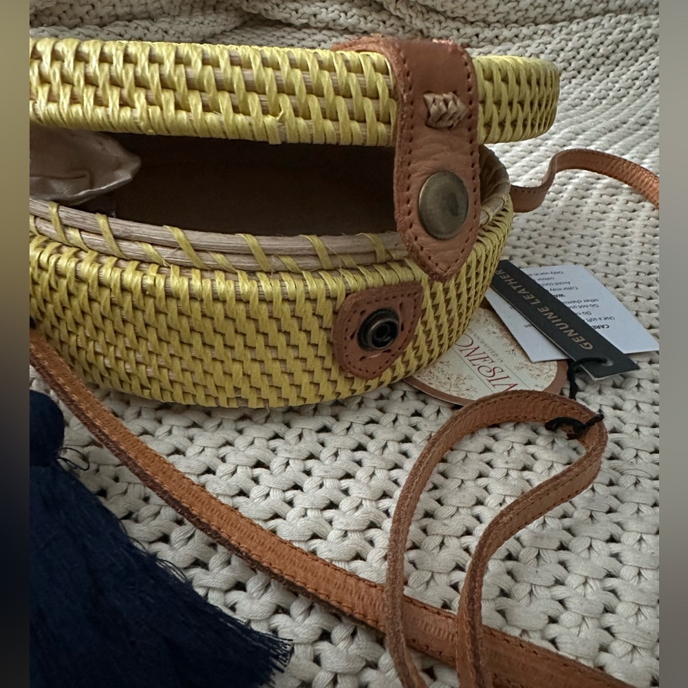 NEW Indonesian Handwoven Rattan & Leather Crossbody Bag 2.5”x8”,  50” Strap Boho - Picture 2 of 7